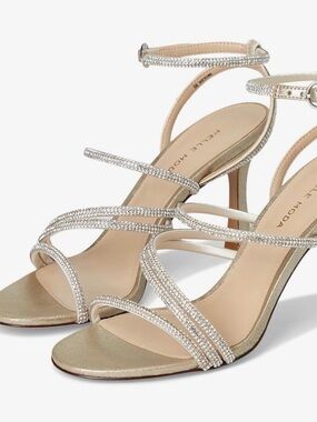 Women’s Beige Rhinestone Strap Sandals - Elegant Evening Heels Sz 10